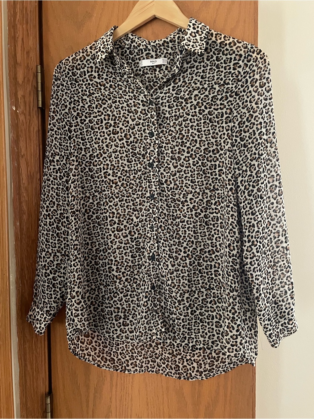 Mango Leopard Print Button-Down Shirt in Beige and Black